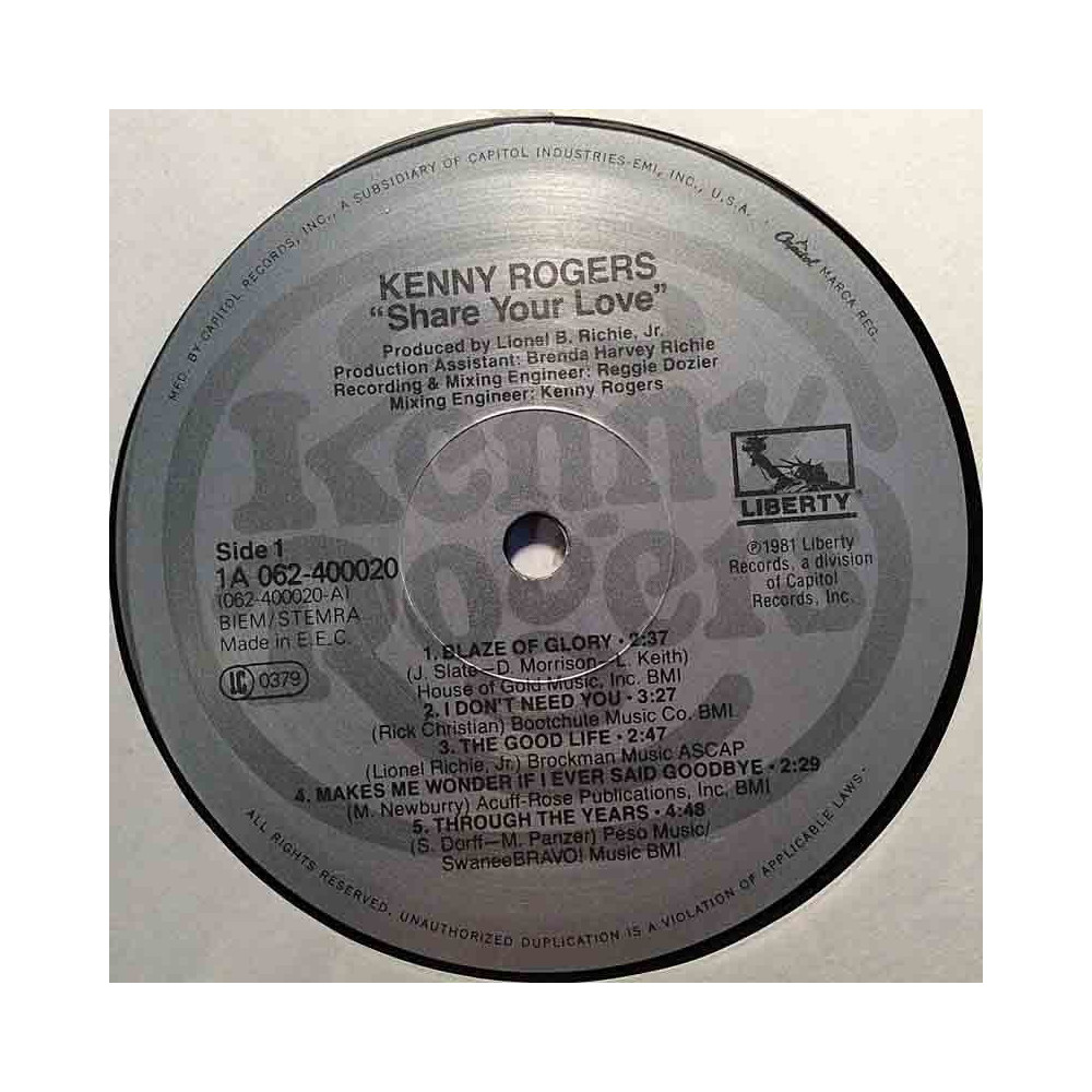 Rogers Kenny 1981 400020 Share Your Love LP ingen omslag