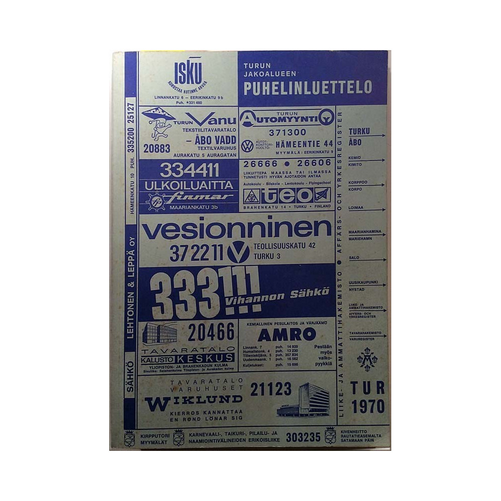 Turun Jakoalueen Puhelinluettelo 1970 Osa TUR Turku, Loimaa Salo, Uki + keltaiset sivut Used book