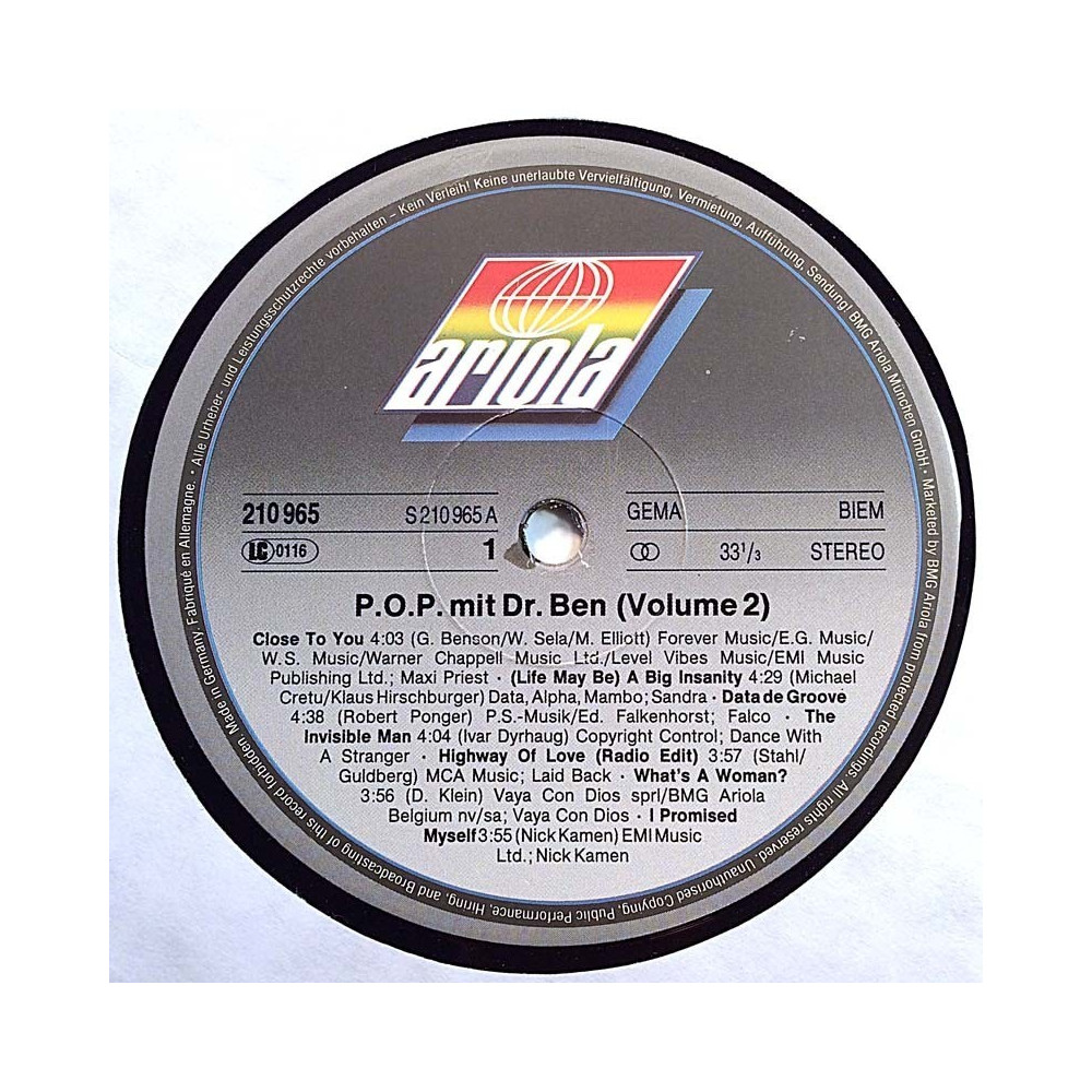 Various Artists 1990 210 965 P.O.P. mit Dr. Ben Volume 2 LP ingen omslag