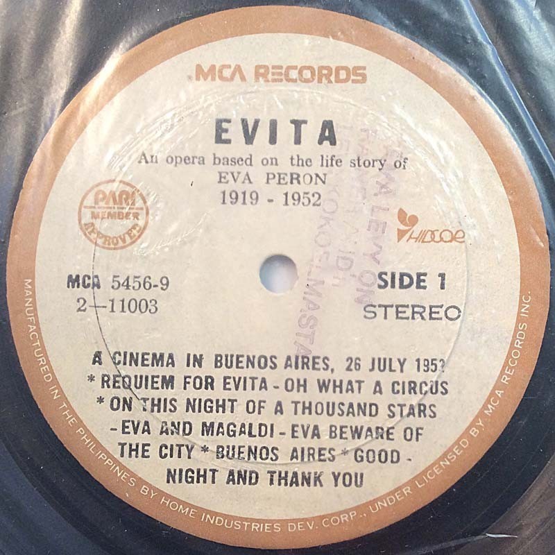 Andrew Lloyd Webber And Tim Rice 1976 5456-9 Evita, side 1 + side 4 LP ingen omslag Andrew Lloyd Webber And Tim Rice 1976 5456-9 Evita, side 1 + side 4 LP ingen omslag