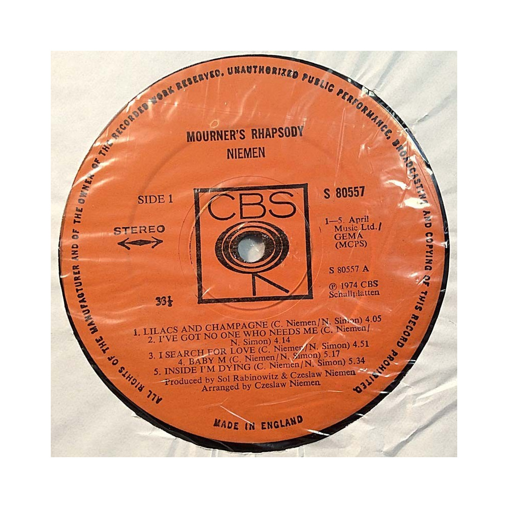 Niemen 1974 S 80557 Mourner's Rhapsody vinyl LP no cover