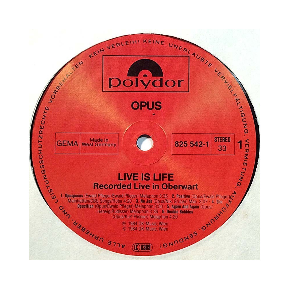 OPUS: Life Is Life  kansi Ei kuvakantta levy EX kanneton LP