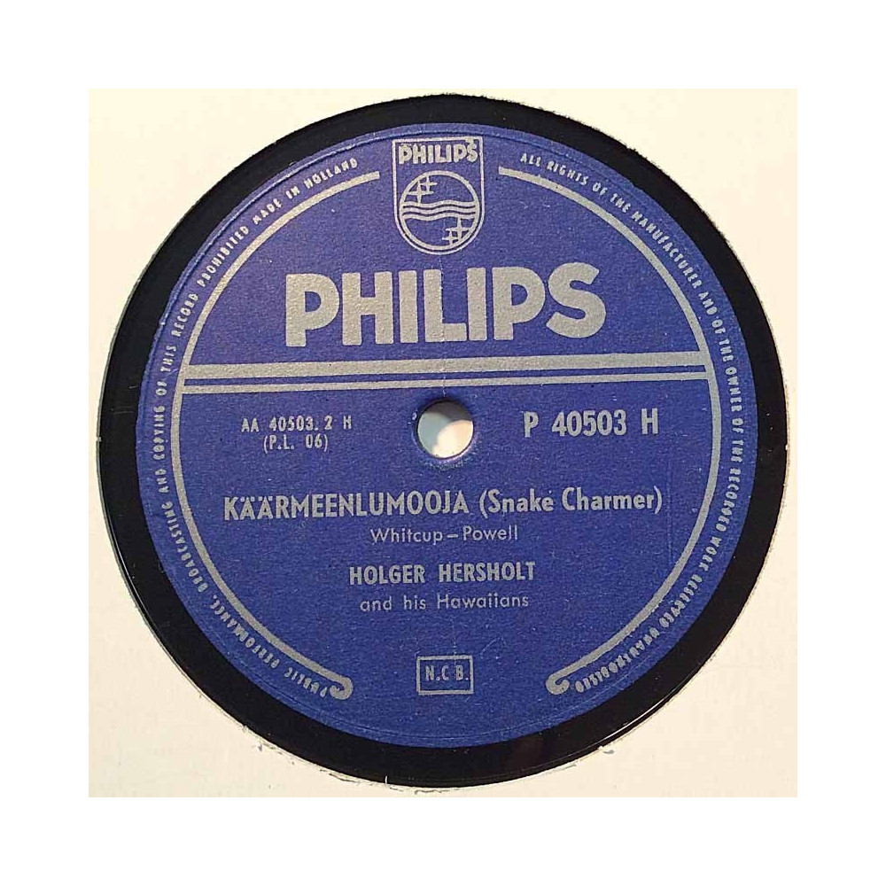 Hersholt Holger Hawaiikitara: Käärmeenlumooja / Waikiki blues  kansi paperikansi/muovitasku levy VG savikiekko gramofonilevy