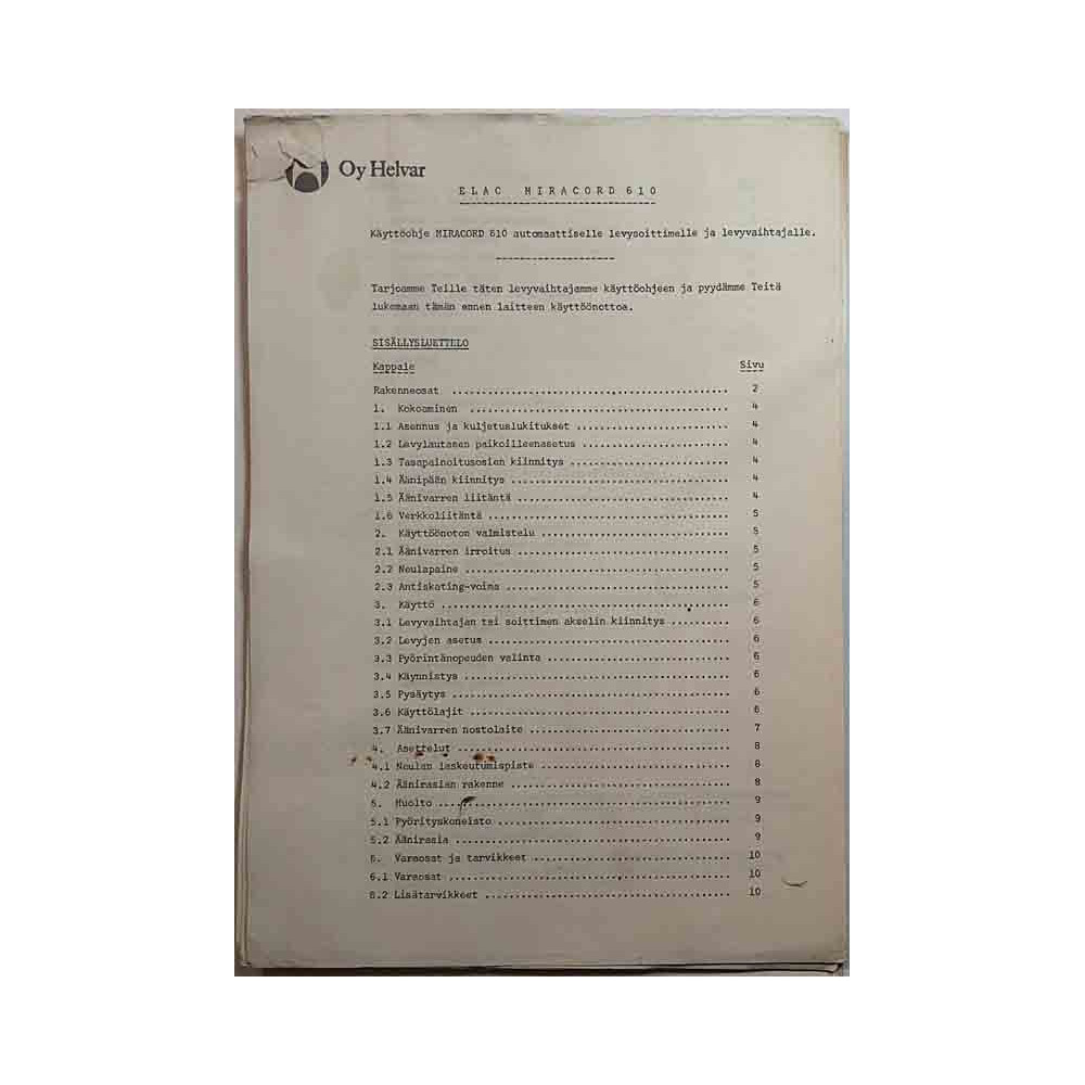 Elac Miracord 610 : Levysoittimen käyttöohje suomeksi - Printed matter